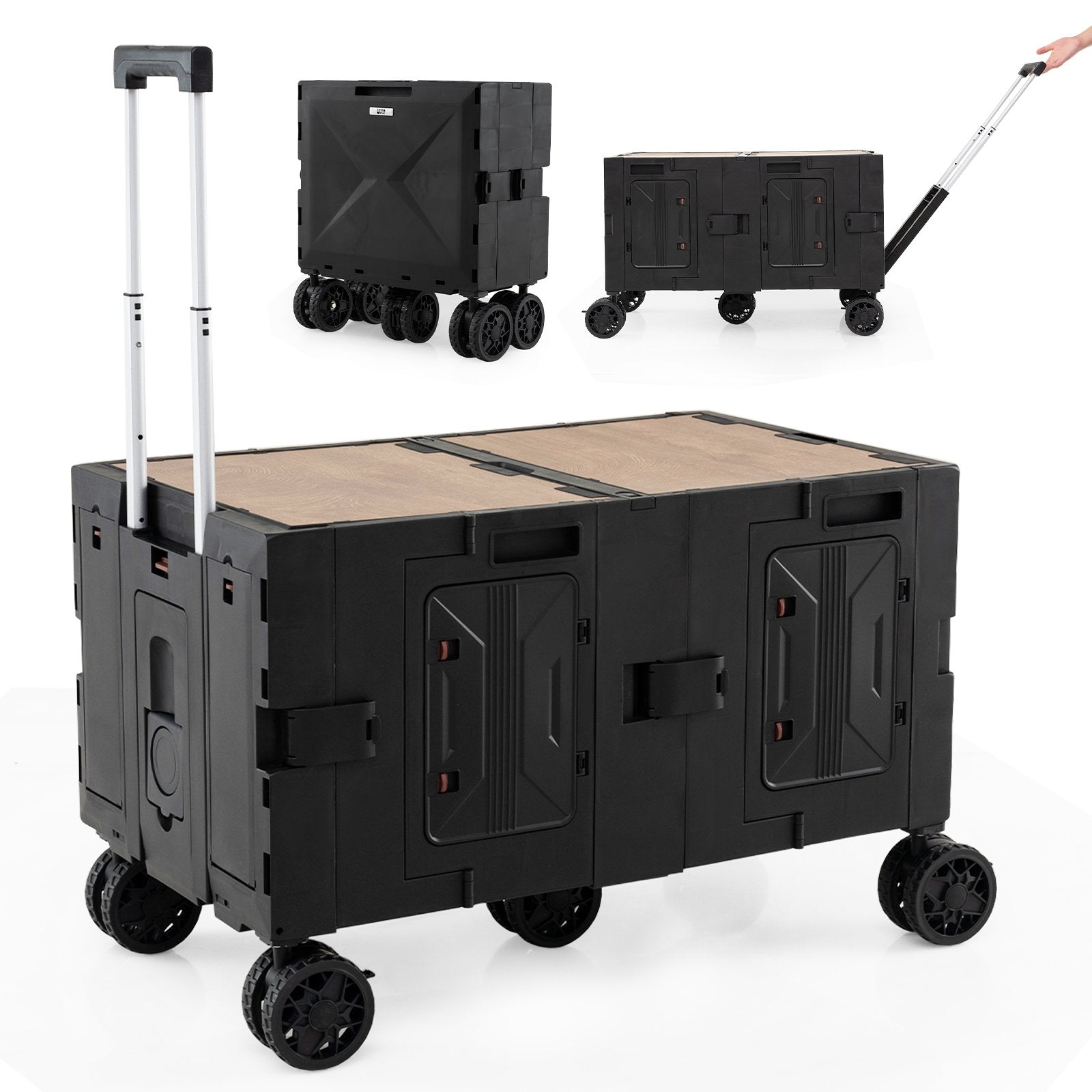 Large Foldable Utility Cart with 2-Tier Storage Crates and Telescoping Handle-Black