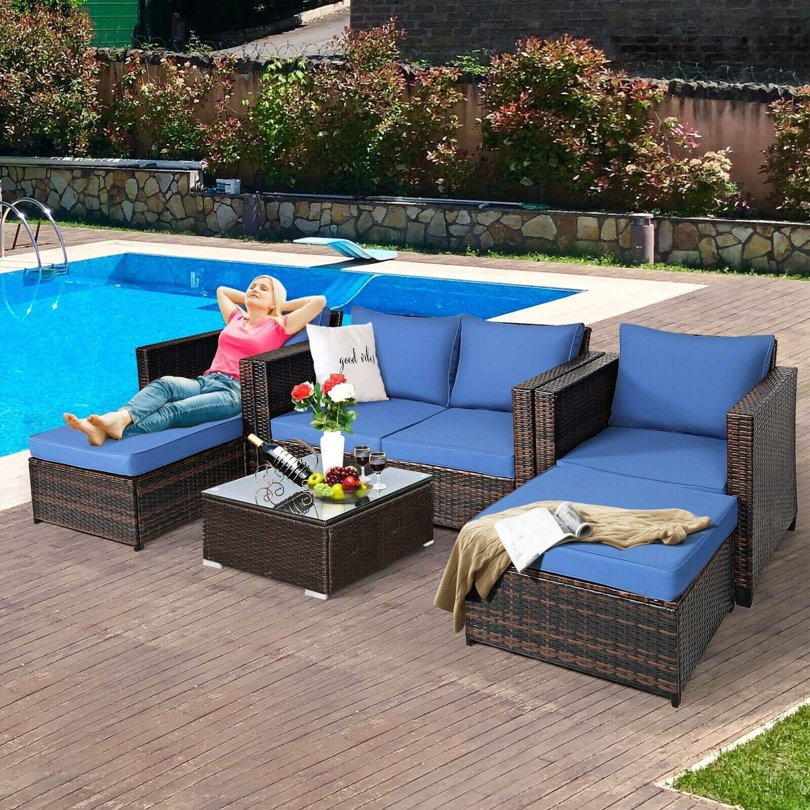 5 Pieces Patio Cushioned Rattan Furniture Set-Black