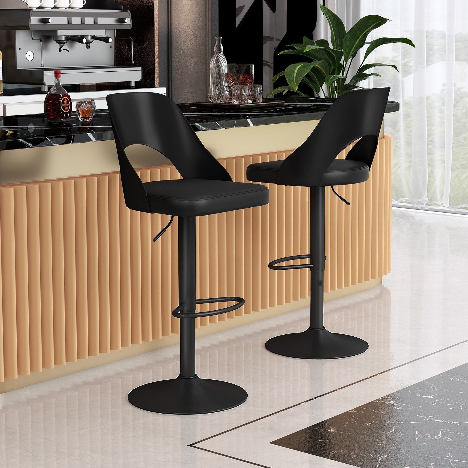 Bar Stools Set of 2 with Enlarged PU Leather Seat and Footrest-Black
