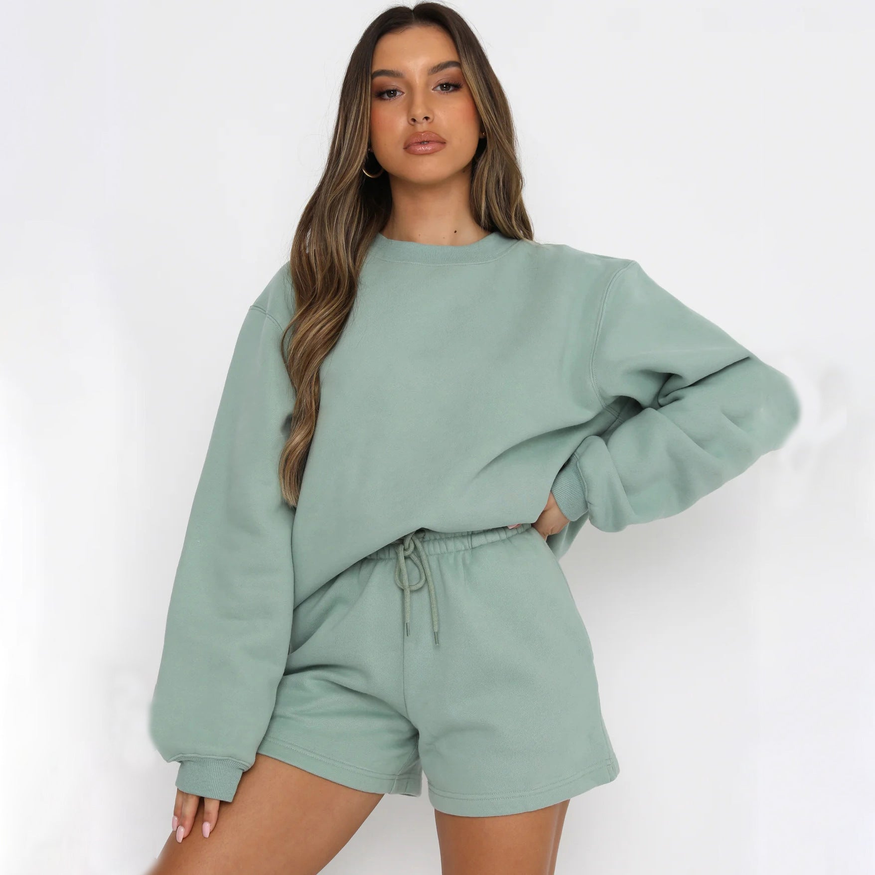 Long Sleeve Shorts Sweater Suit Solid Color Fashion Casual