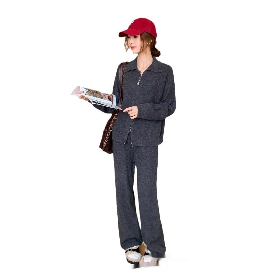 Knitting Suit Women's Double Zipper And Lapel Cardigan Sweater Wide Leg Pants Casual