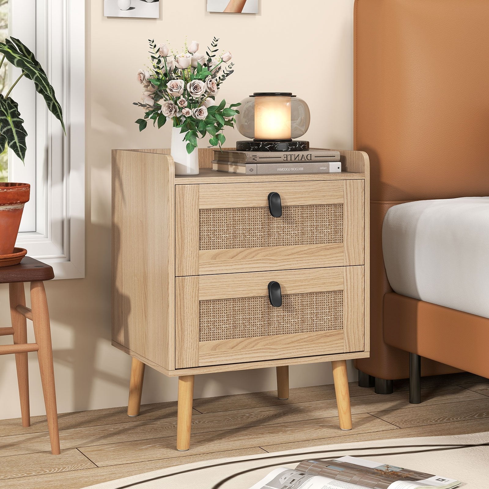 Modern End Table Bedside Table with 2 Rattan Decorated Drawers-Natural