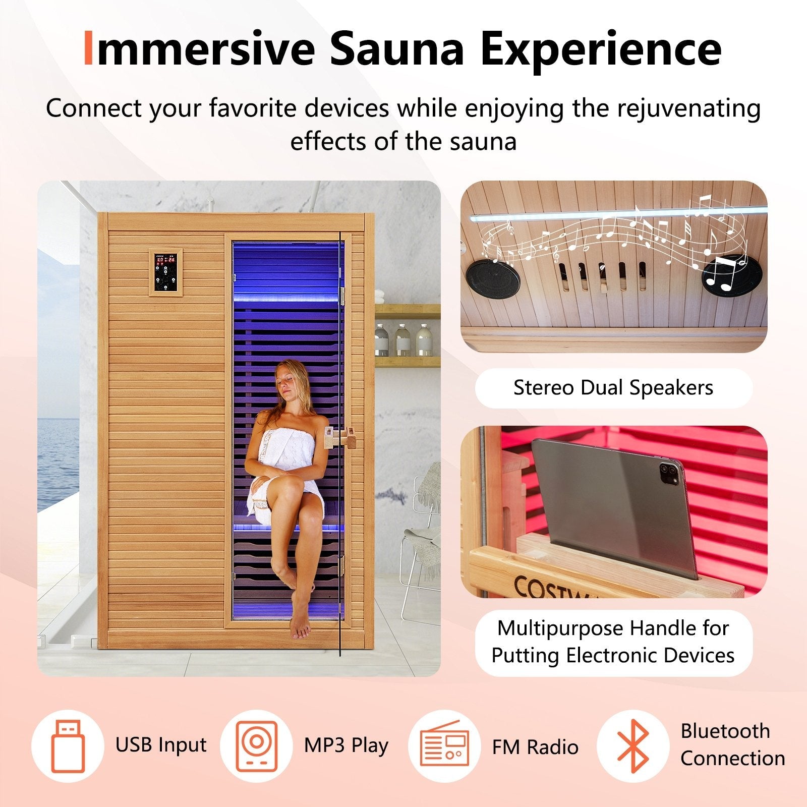 2 People Far Infrared Wooden Sauna Room with Free Red Light Therapy for Home