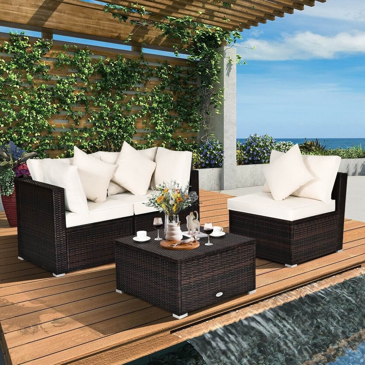 4 Pieces Ottoman Garden Patio Rattan Wicker Furniture Set with Cushion-Black