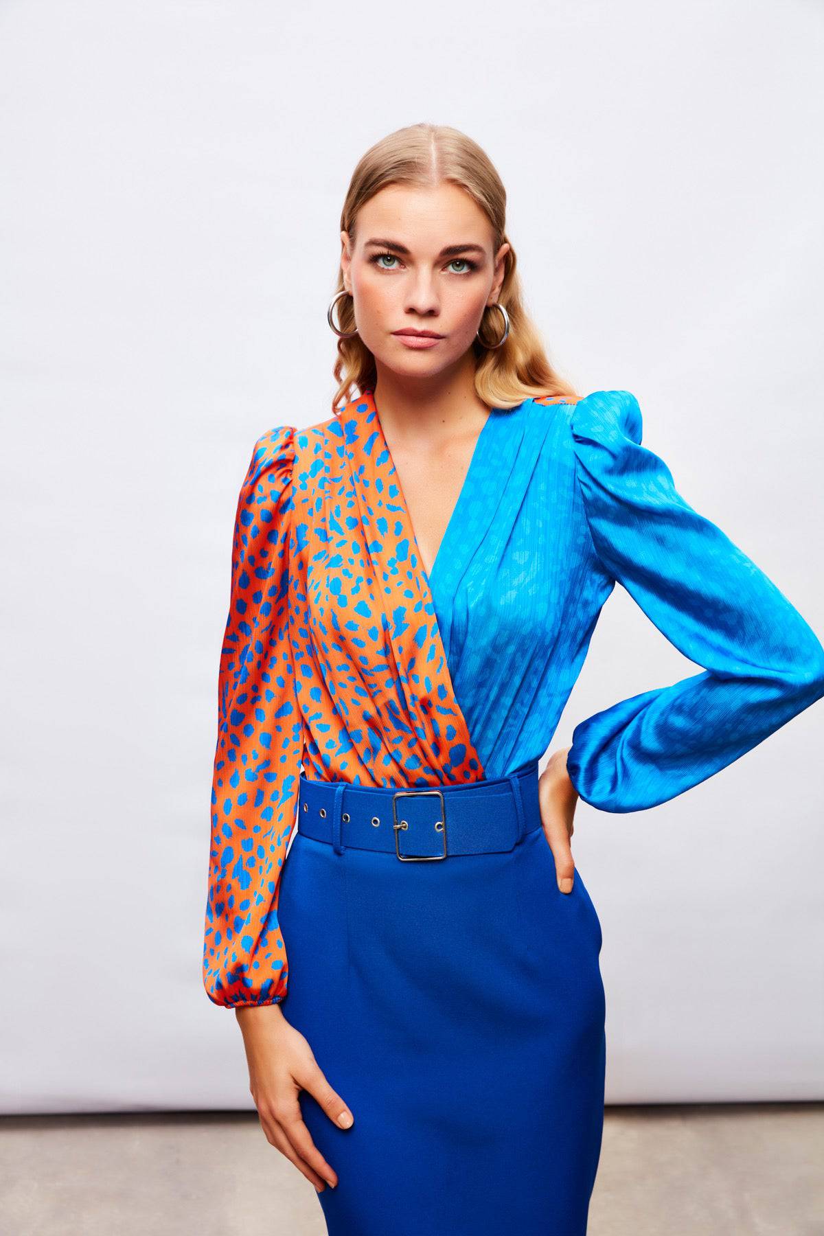 Silk Double-Breasted Patterned Bodysuit -  Blue and Orange