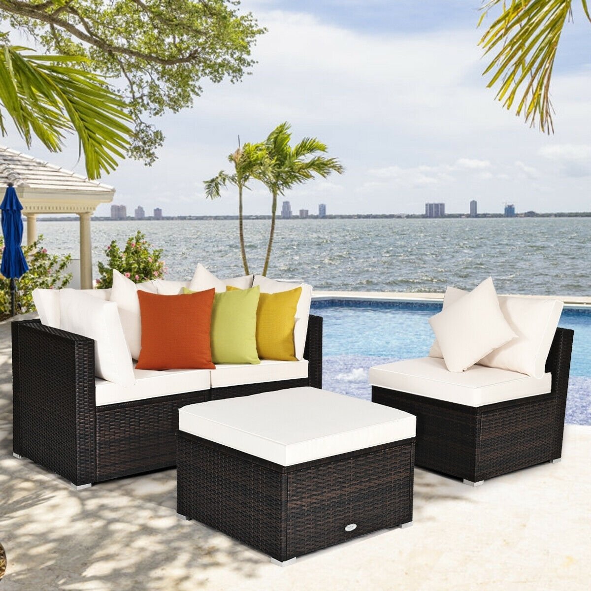 4 Pieces Ottoman Garden Patio Rattan Wicker Furniture Set with Cushion-Black