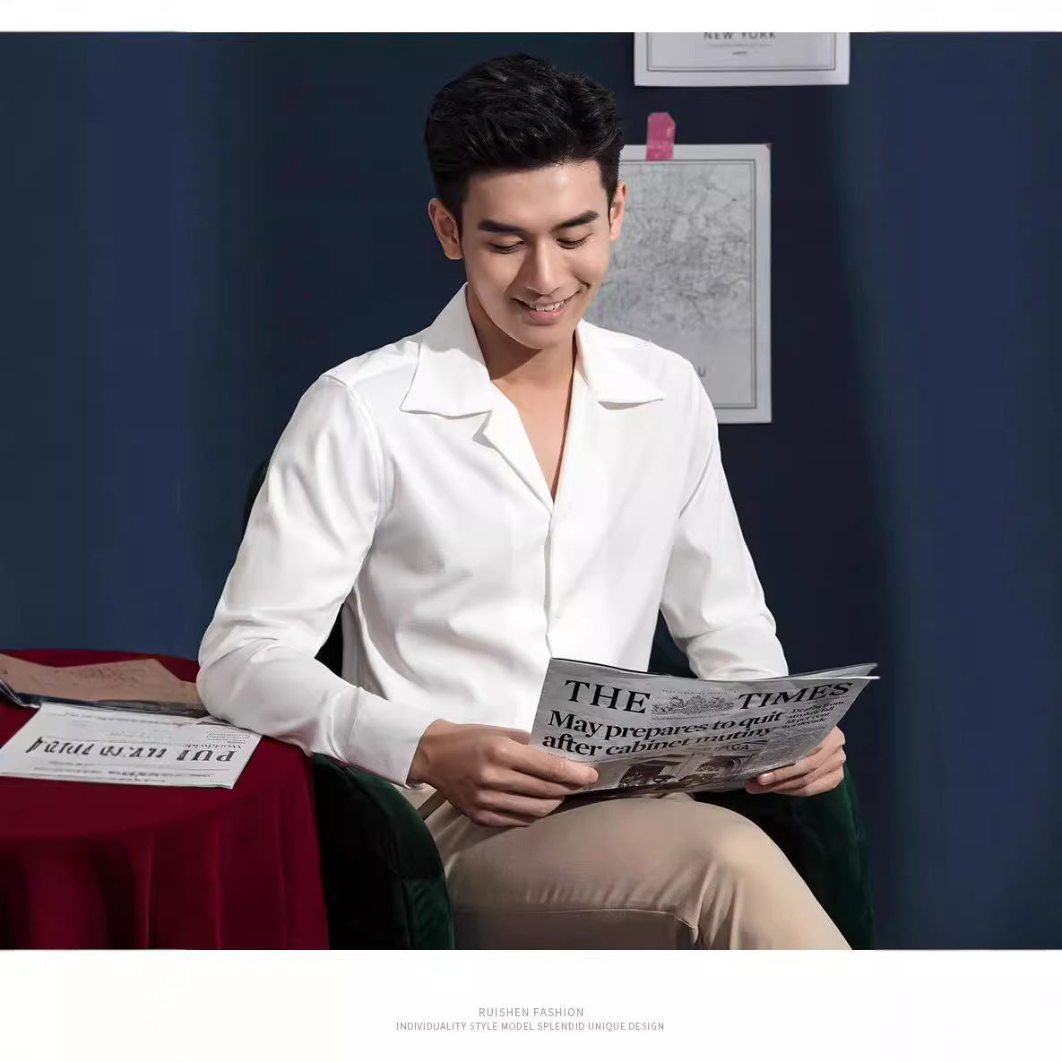 Cuban Collar Shirt Men's Business Casual Long Sleeve Shirt