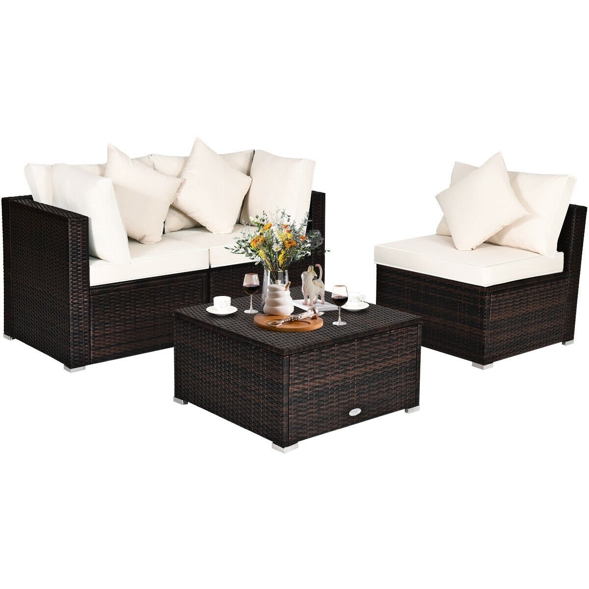 4 Pieces Ottoman Garden Patio Rattan Wicker Furniture Set with Cushion-Black