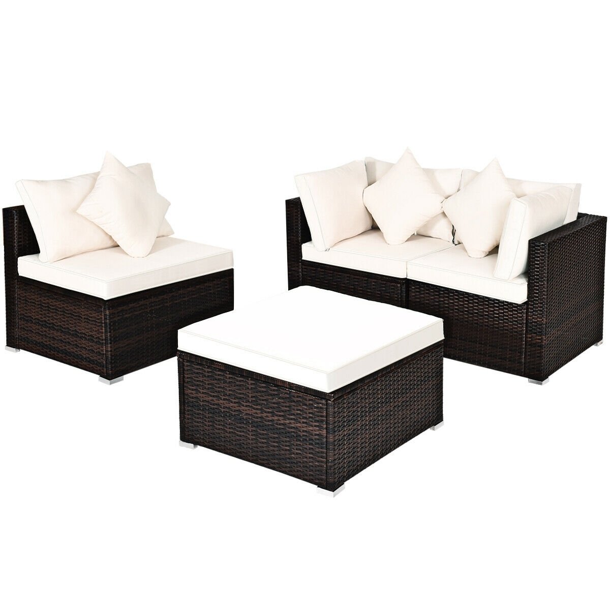 4 Pieces Ottoman Garden Patio Rattan Wicker Furniture Set with Cushion-Black