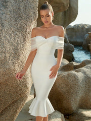 White Off-Shoulder Mermaid Midi Dress with Sheer Tulle Sleeves – Bridal & Special Occasion