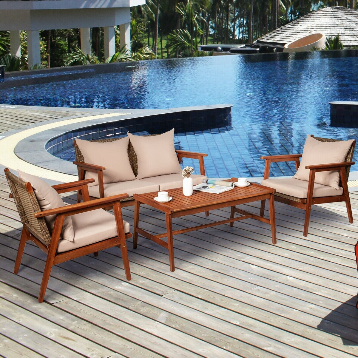 4 Pieces Acacia Wood Patio Rattan Furniture Set-Brown