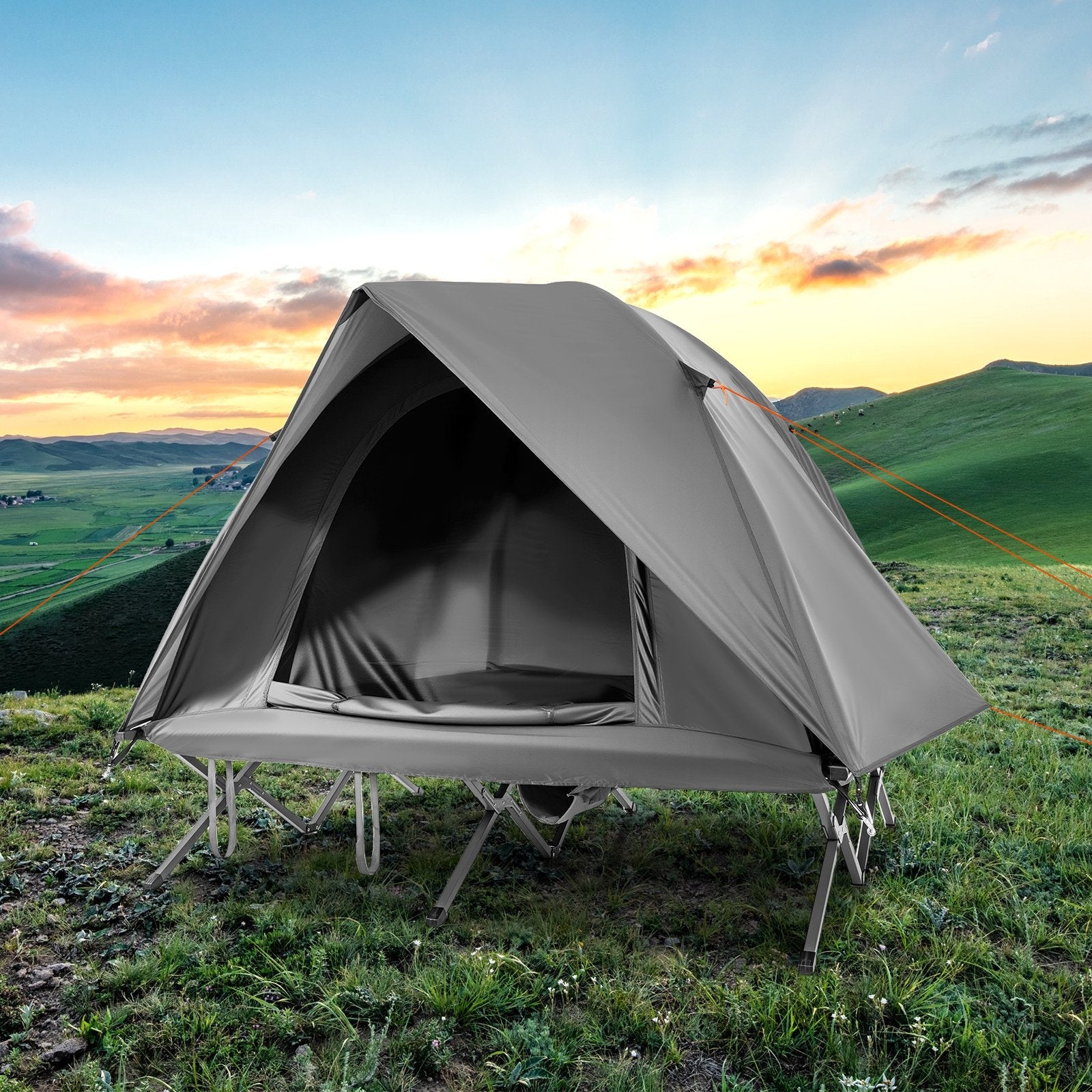 2-Person Camping Cot Tent Foldable Off-Ground Camping Combo for Adults-Grey