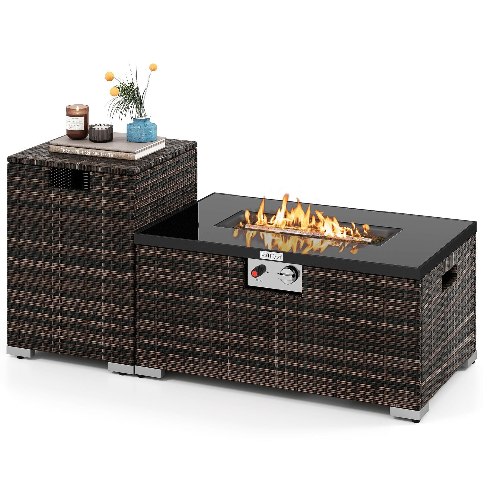 2-Piece Outdoor Rattan Fire Table Set 32 Inch Rectangle Gas Firepit with Tank Cover-Black