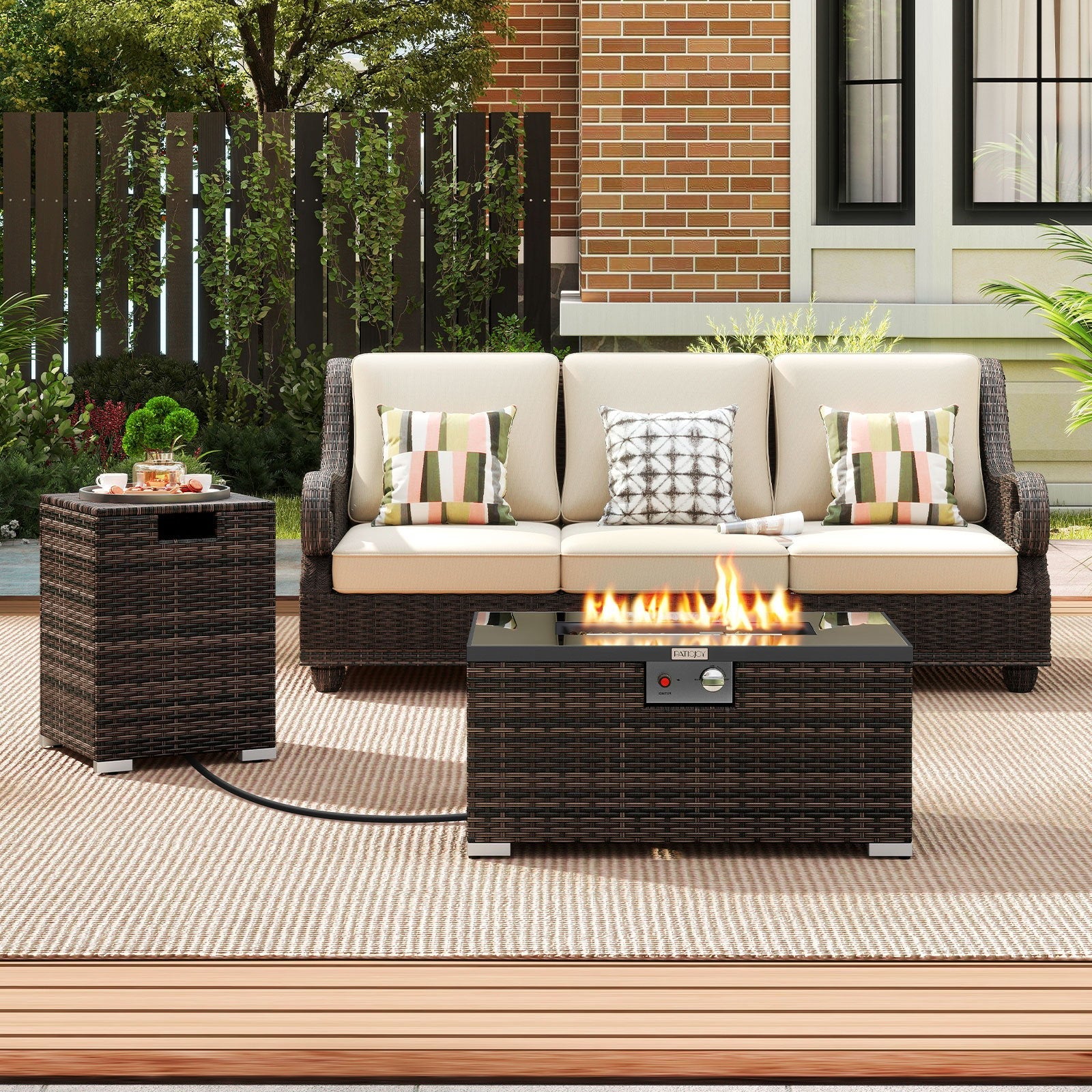 2-Piece Outdoor Rattan Fire Table Set 32 Inch Rectangle Gas Firepit with Tank Cover-Black