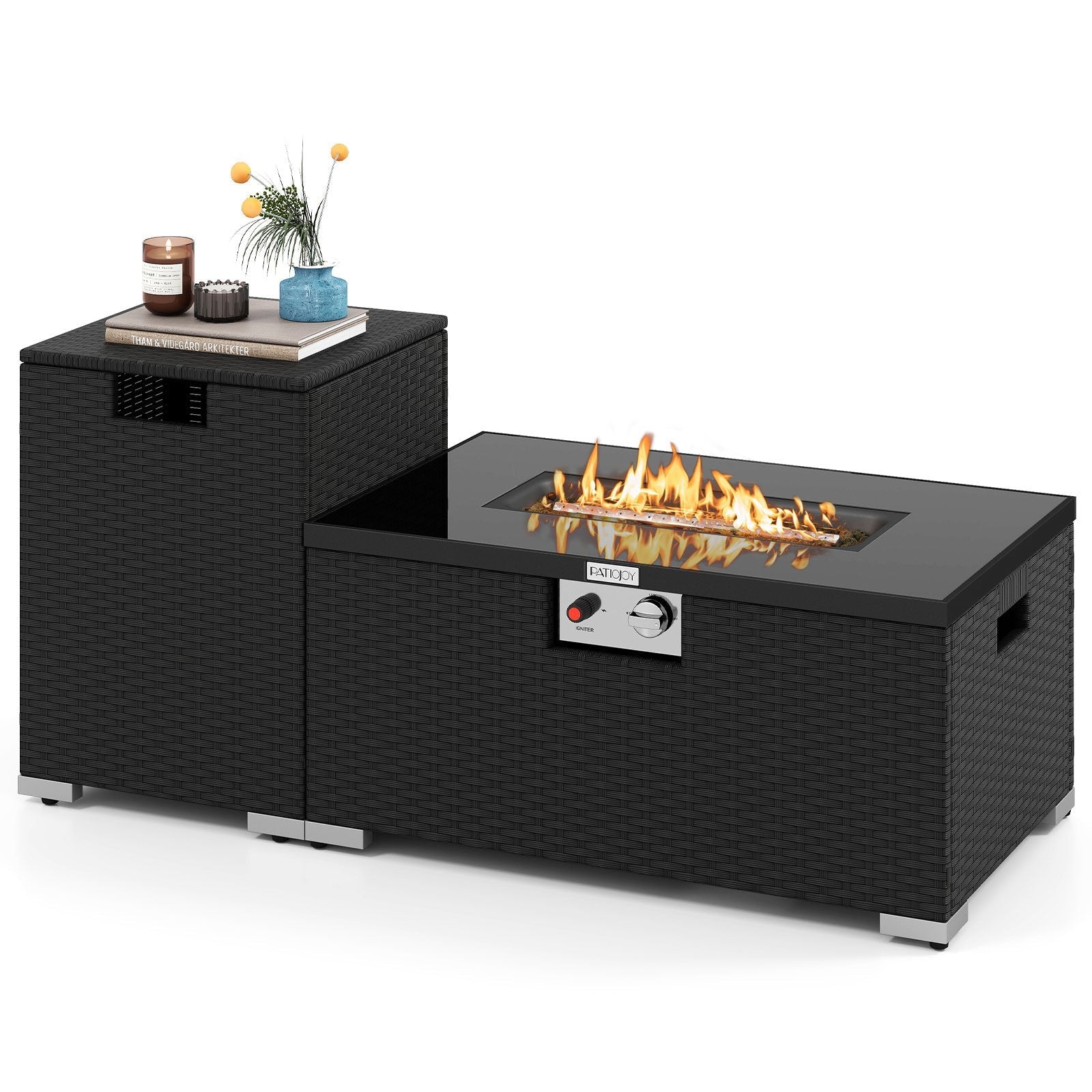 2-Piece Outdoor Rattan Fire Table Set 32 Inch Rectangle Gas Firepit with Tank Cover-Black