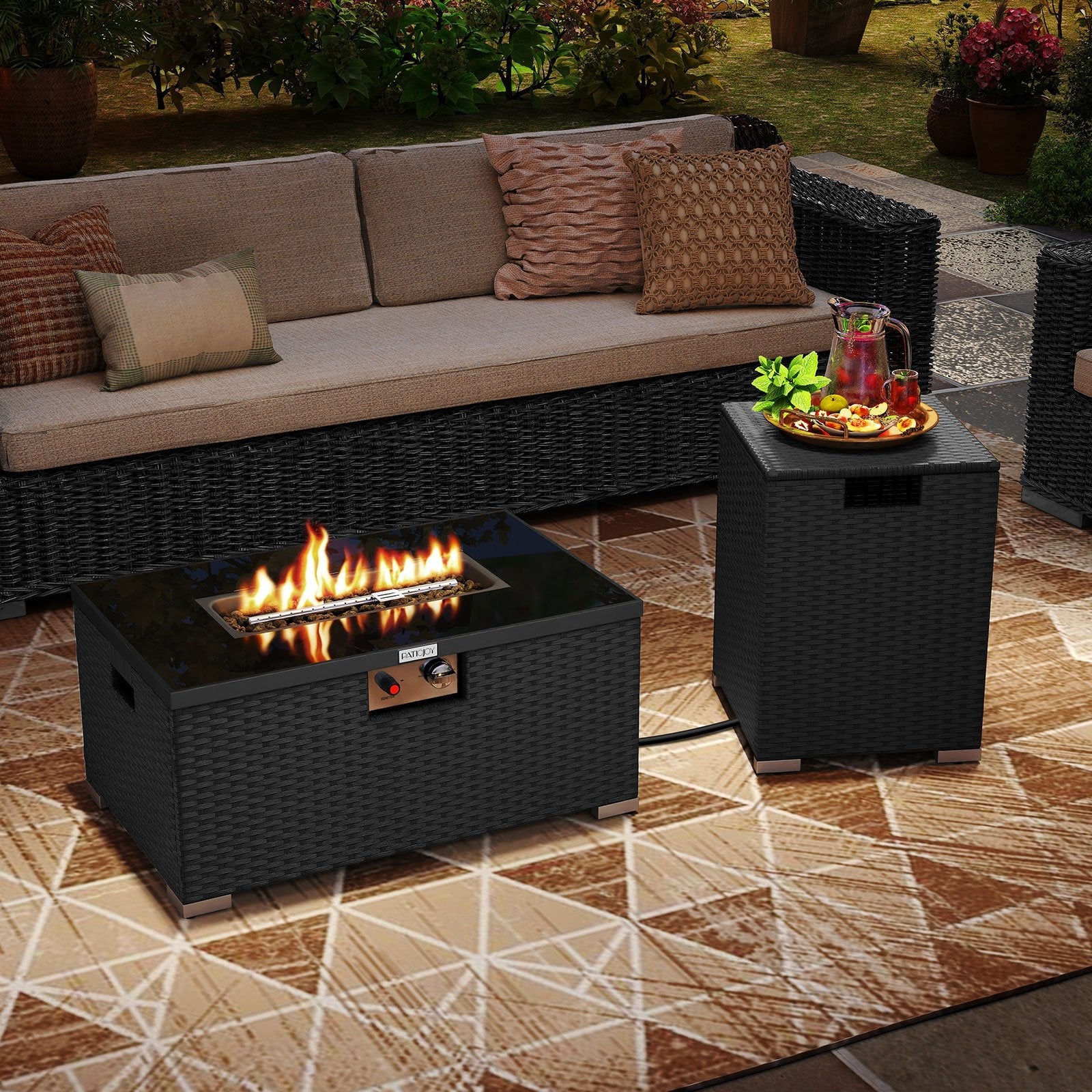 2-Piece Outdoor Rattan Fire Table Set 32 Inch Rectangle Gas Firepit with Tank Cover-Black