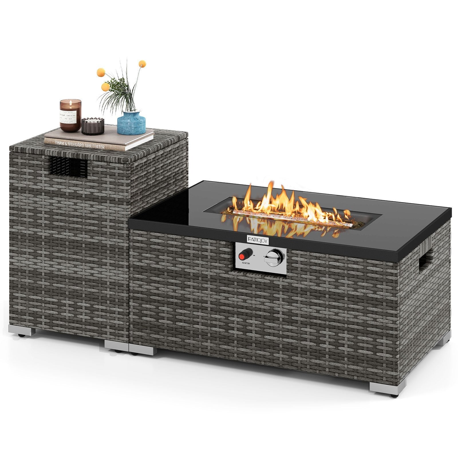 2-Piece Outdoor Rattan Fire Table Set 32 Inch Rectangle Gas Firepit with Tank Cover-Black