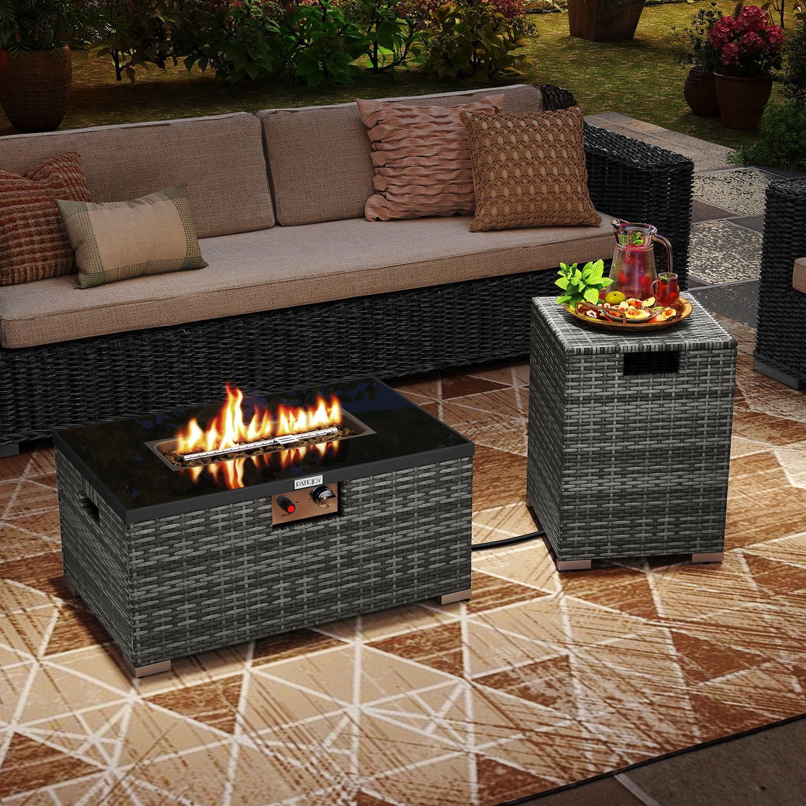 2-Piece Outdoor Rattan Fire Table Set 32 Inch Rectangle Gas Firepit with Tank Cover-Black