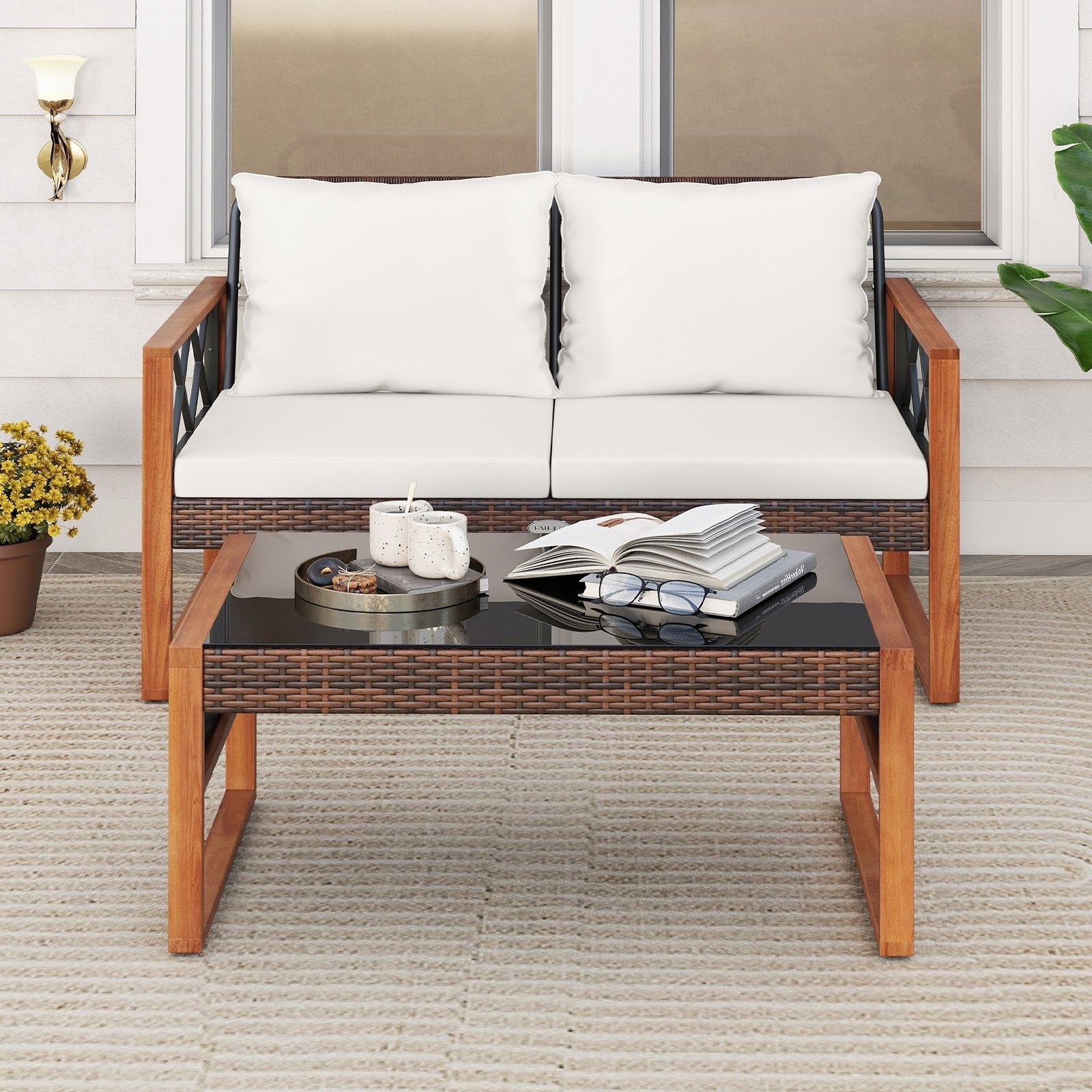 2 Pieces Patio PE Wicker Furniture Set Outside Conversation Set for Porch-White
