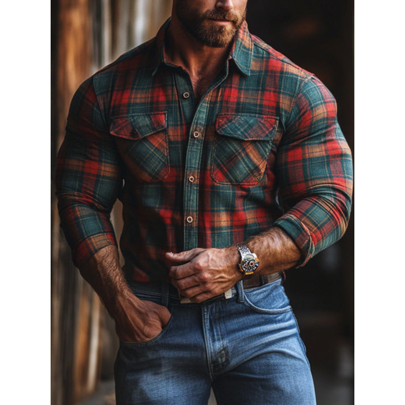 Plaid Printed Fleece-lined Men's Pocket Shirt