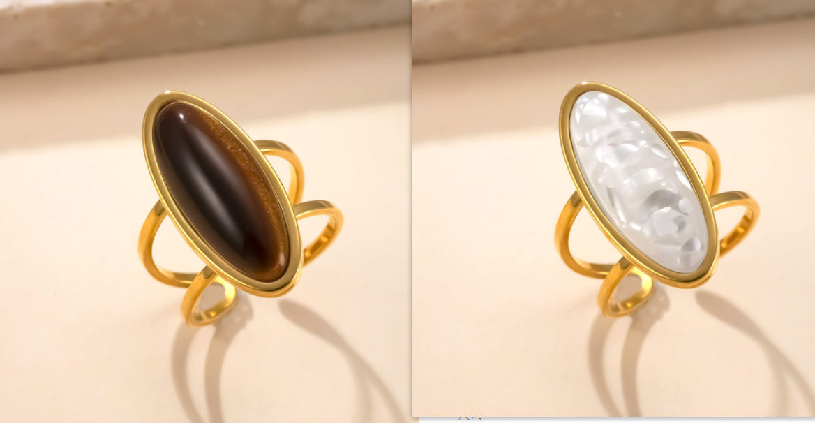 Hydraulic Oval Natural Stone Stainless Steel Ring Simple