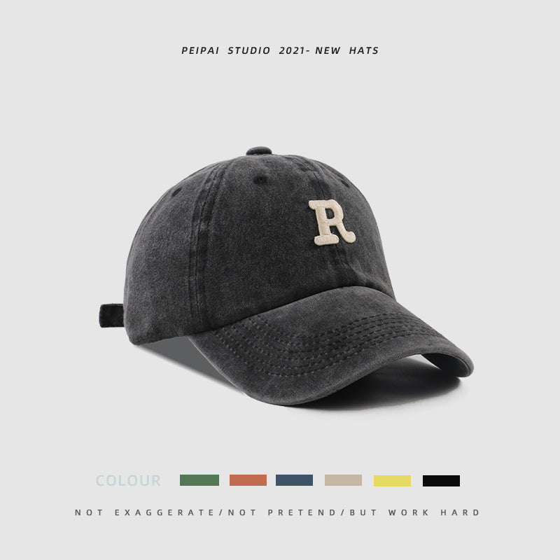 Washed Letter R Stick Ball Cap Casual Patch Sun Hat