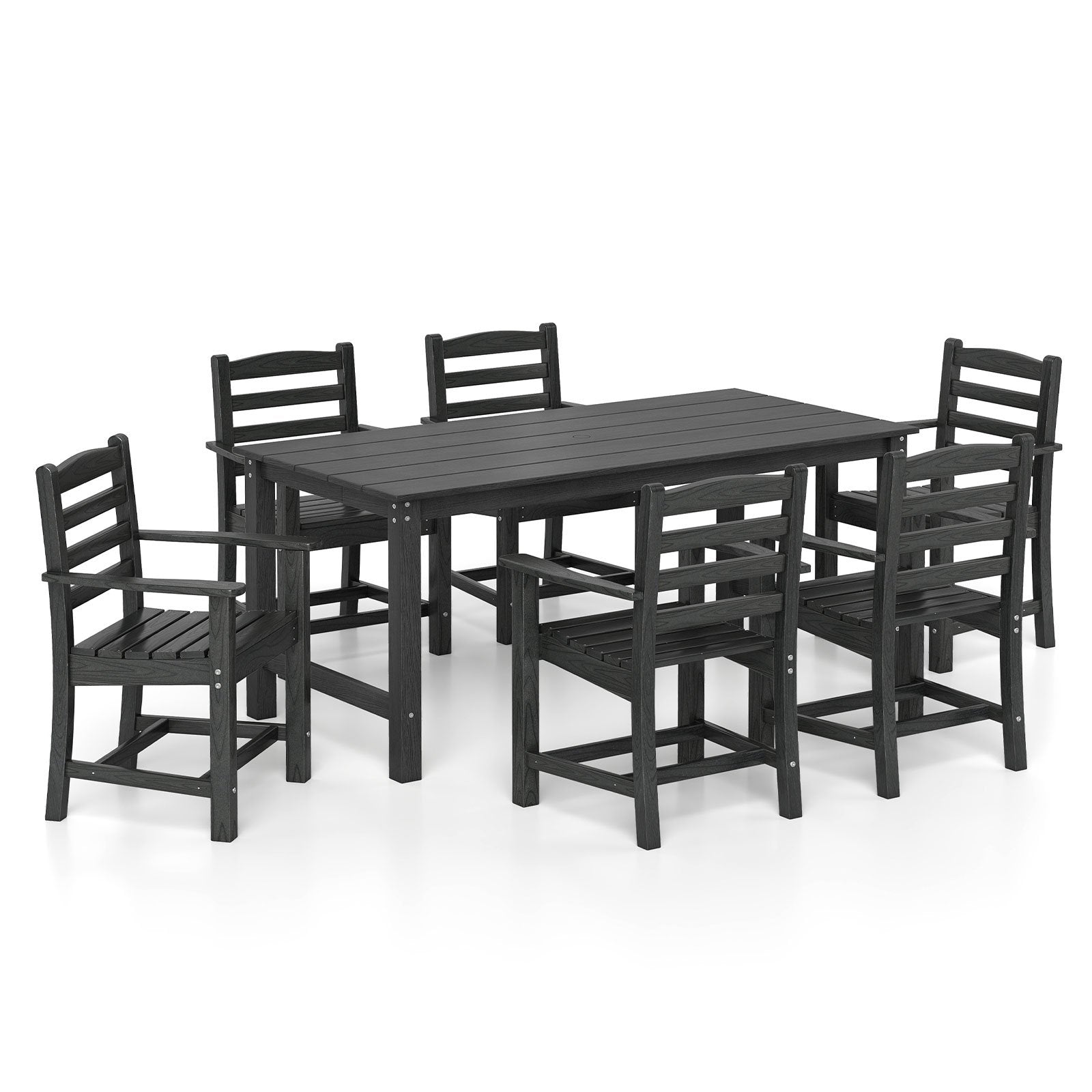 7 Pieces Outdoor Dining Table Set for 6 People 67” HDPE Patio Rectangle Table and 6 Armchairs-Black