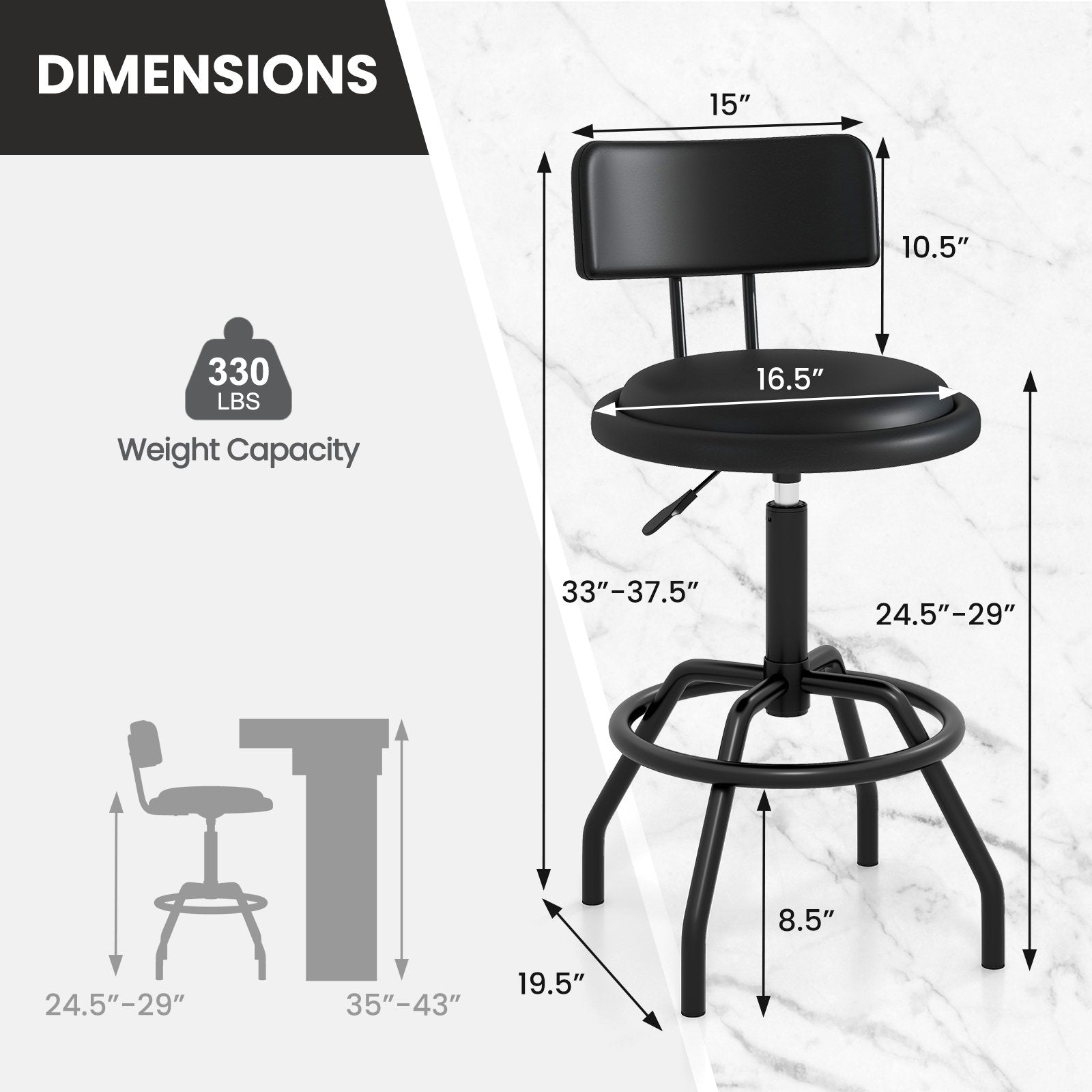Set of 1/2 360° Swivel Counter Height Barstool with Padded Seat and Back-1 Piece