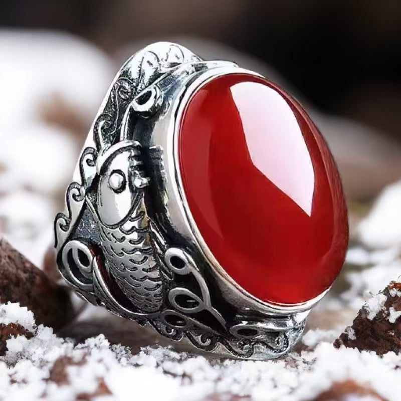 Retro Distressed 925 Silver Plated Southern Red Agate Silver Ring Thai Silver Matte Lace