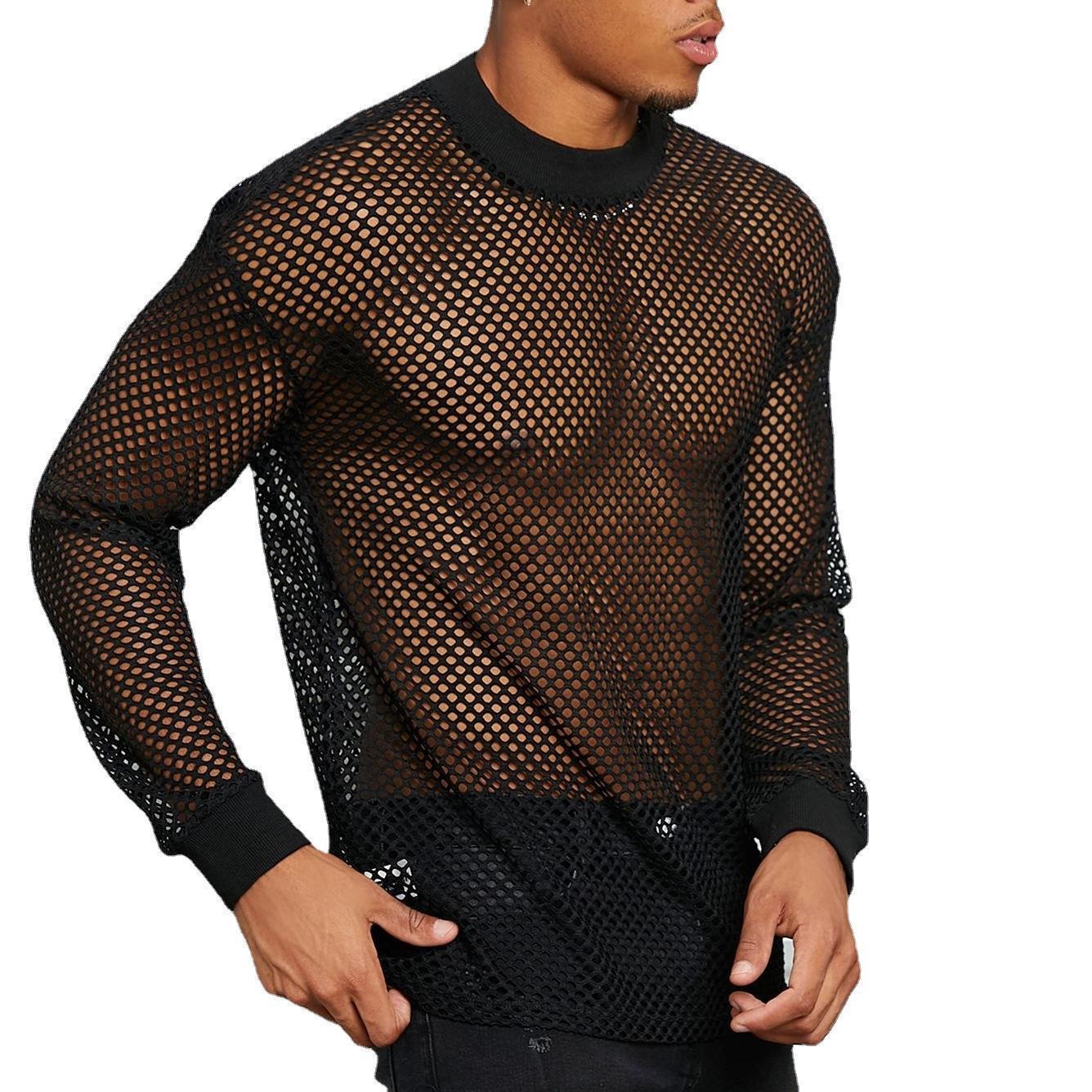 Men's Drop Shoulder See-through Mesh Hollow Bottoming Shirt Fashion
