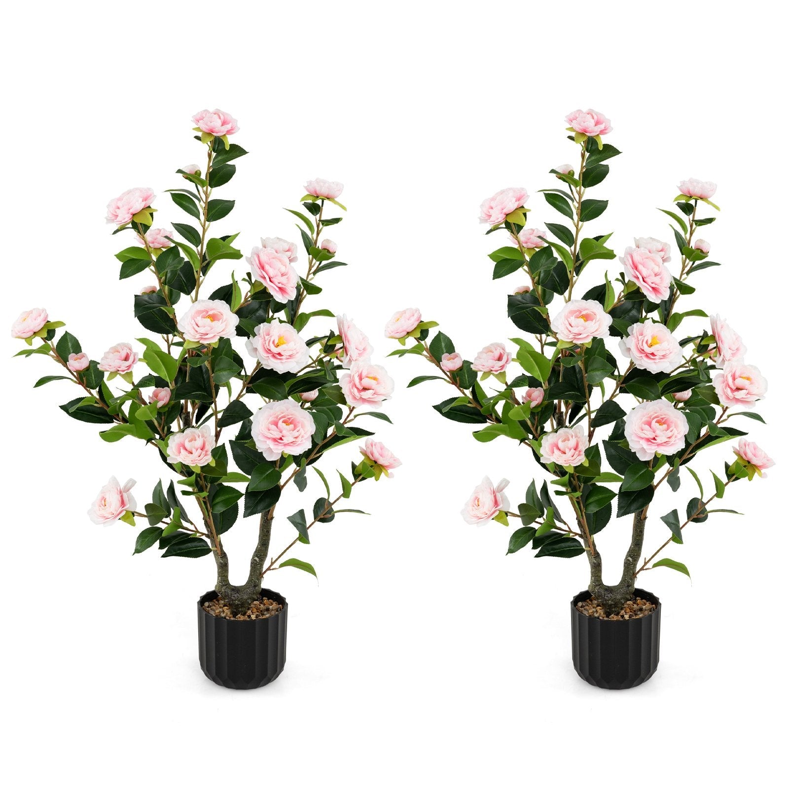 38 Inch Artificial Camellia Tree Faux Flower Plant in Cement Pot 2 Pack-Pink