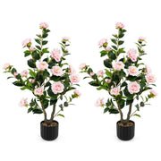 38 Inch Artificial Camellia Tree Faux Flower Plant in Cement Pot 2 Pack-Pink