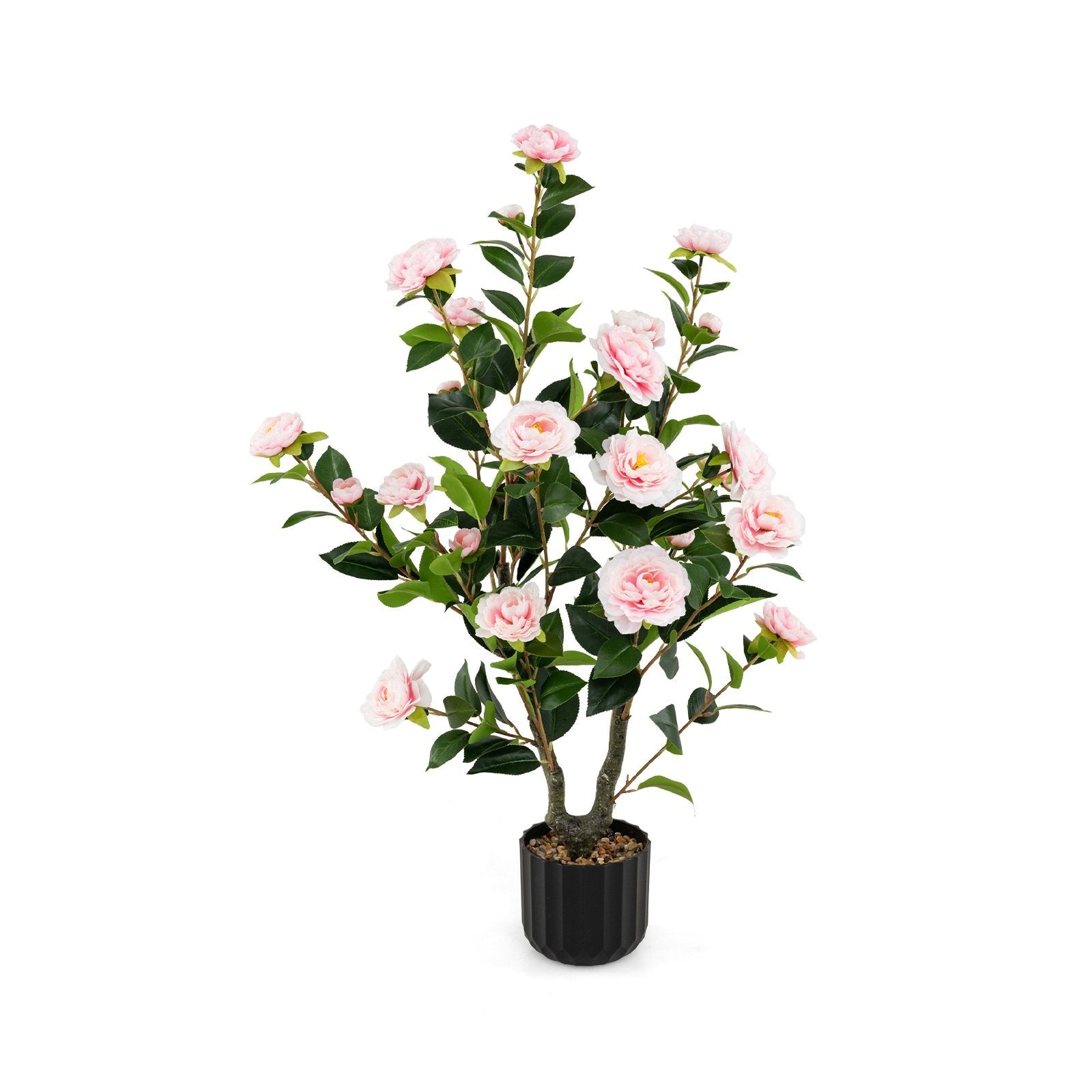 38 Inch Artificial Camellia Tree Faux Flower Plant in Cement Pot-Pink