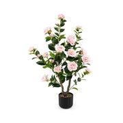 38 Inch Artificial Camellia Tree Faux Flower Plant in Cement Pot-Pink