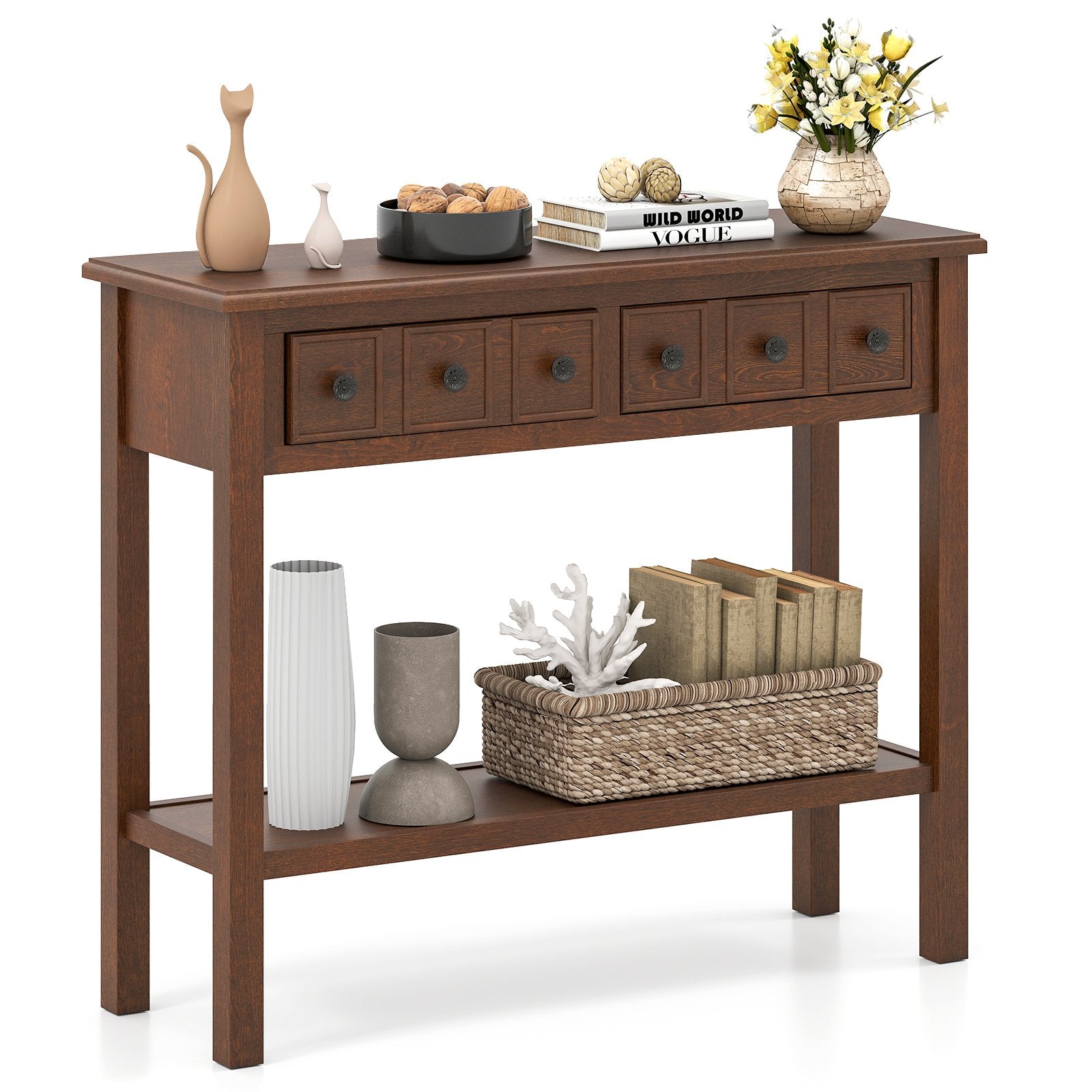 38 Inch Rustic Console Table with 2 Drawers and Bottom Open Shelf-Espresso