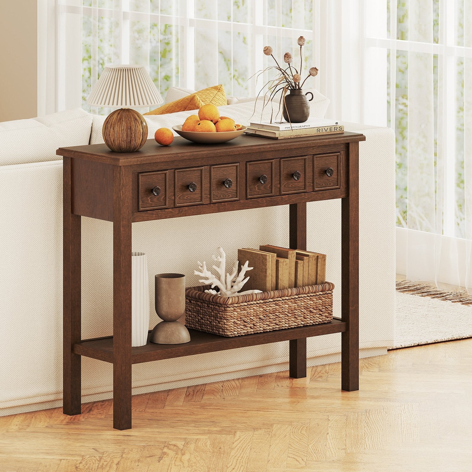 38 Inch Rustic Console Table with 2 Drawers and Bottom Open Shelf-Espresso