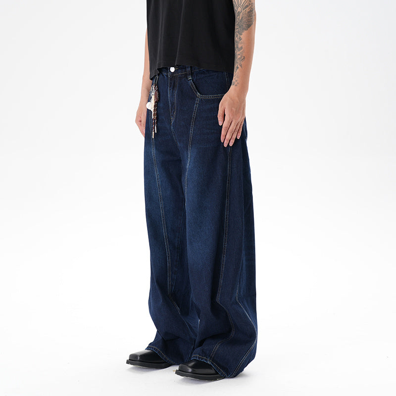 Washed Distressed Dark Blue Wide Leg Machete Jeans