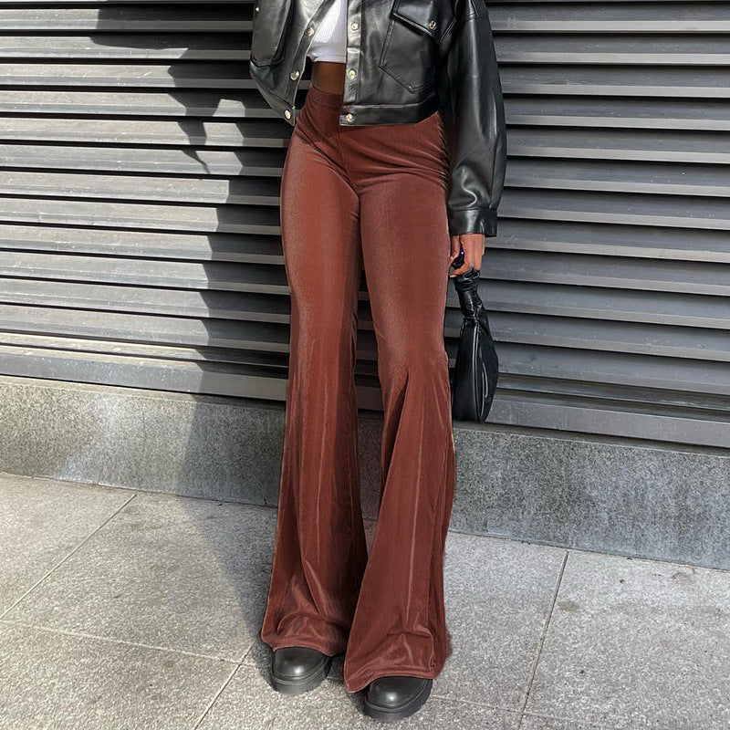 Solid Color Velvet Elastic High Waist Slim Casual Flared Pants Women's Fashion Trousers