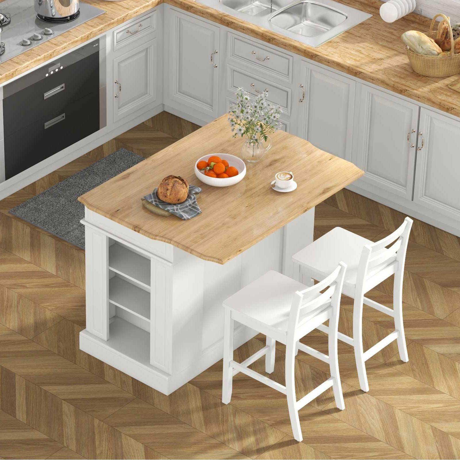 3-Piece Kitchen Furniture Set: Kitchen Island + 2 Bar Stools + Narrow Storage Cart