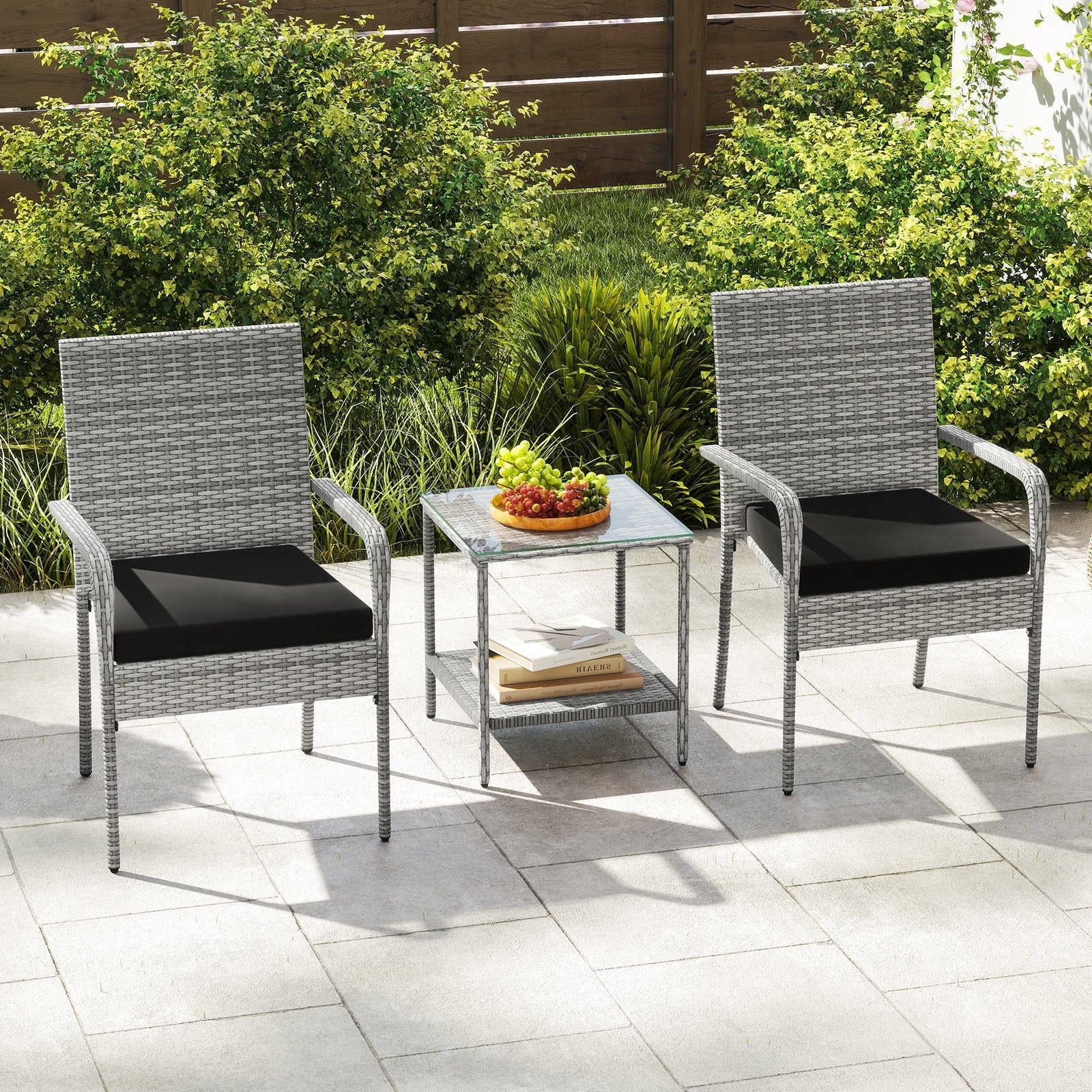 3 Piece Patio Furniture Set with Seat Cushions and Tempered Glass Tabletop for Balcony-Black