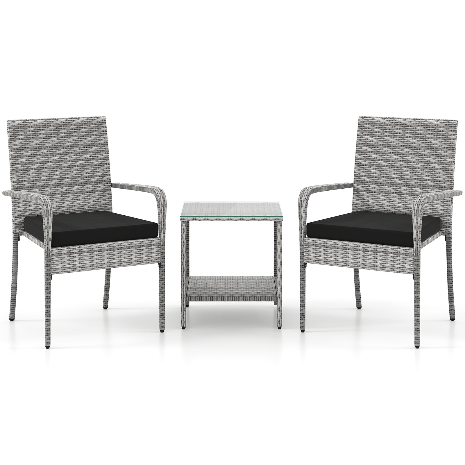 3 Piece Patio Furniture Set with Seat Cushions and Tempered Glass Tabletop for Balcony-Black