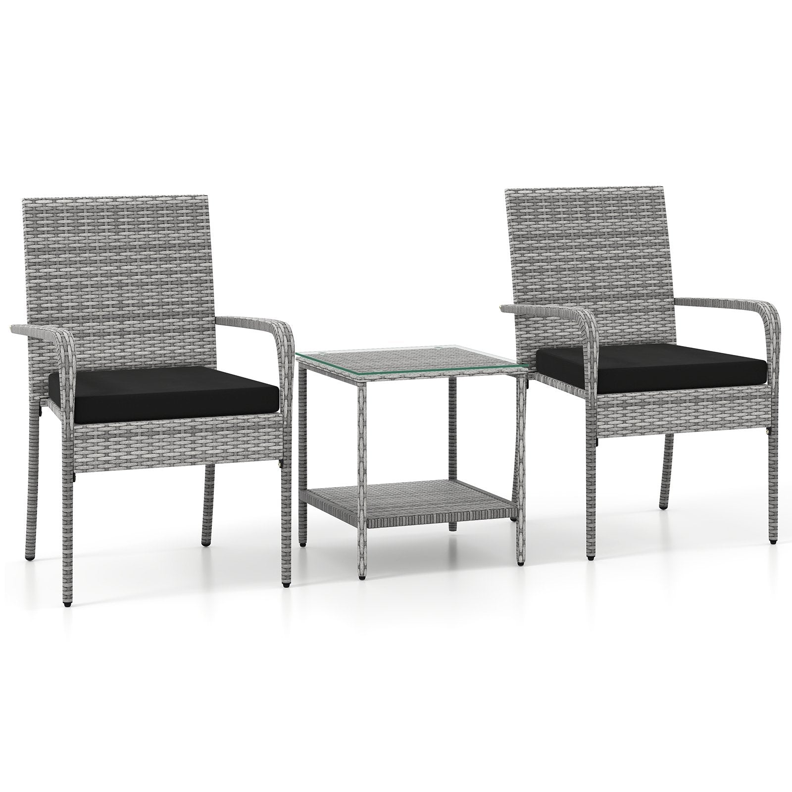 3 Piece Patio Furniture Set with Seat Cushions and Tempered Glass Tabletop for Balcony-Black