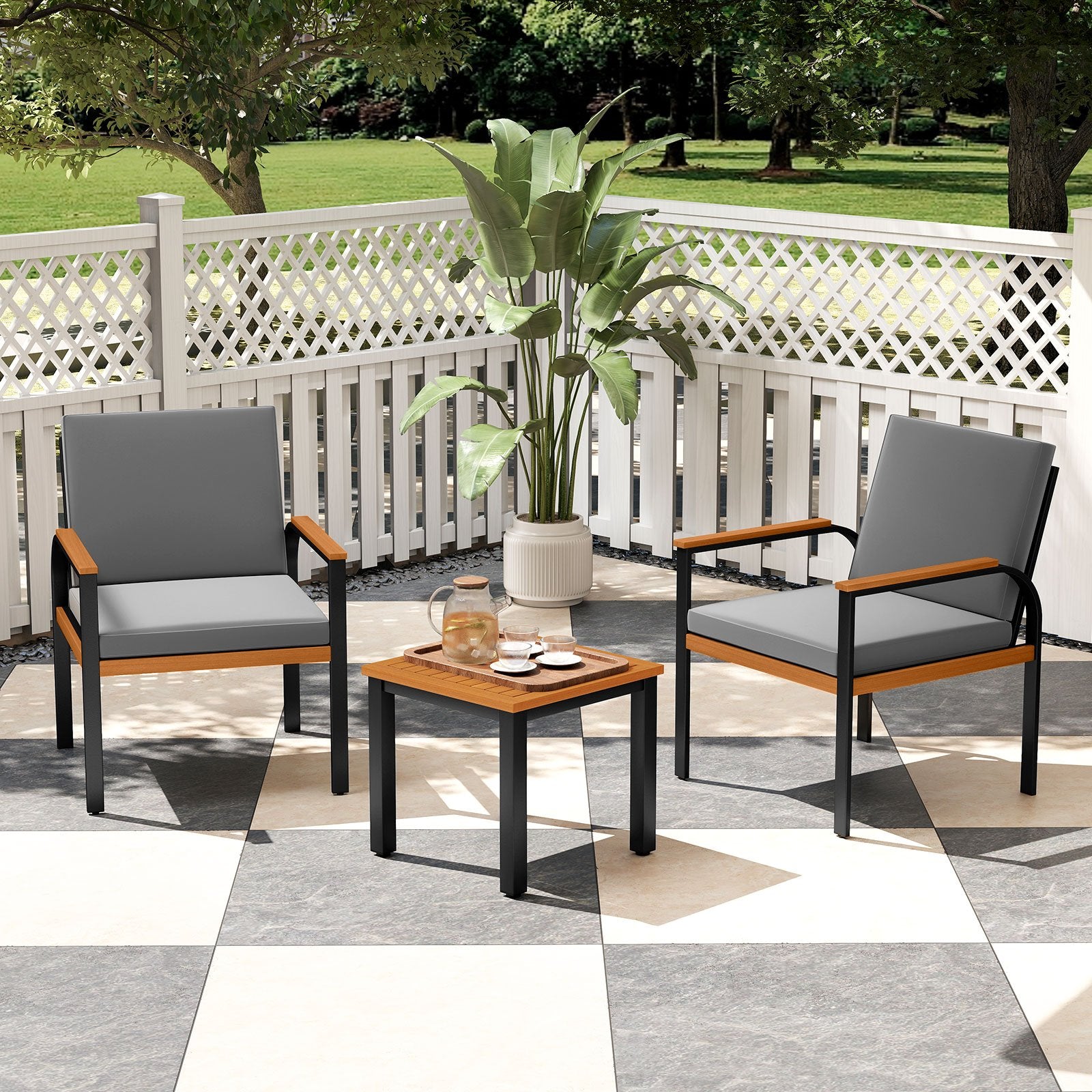 3 Piece Patio Furniture Set Outdoor Conversation Set with Coffee Table-Grey