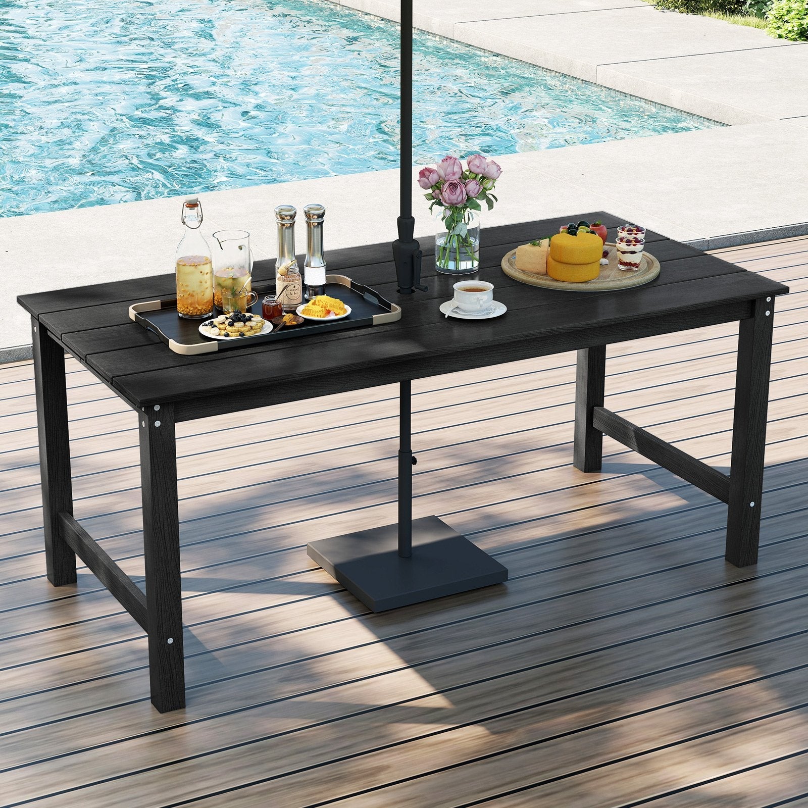 3 Pieces Outdoor Dining Table Set with 2 Benches-Black