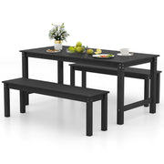 3 Pieces Outdoor Dining Table Set with 2 Benches-Black