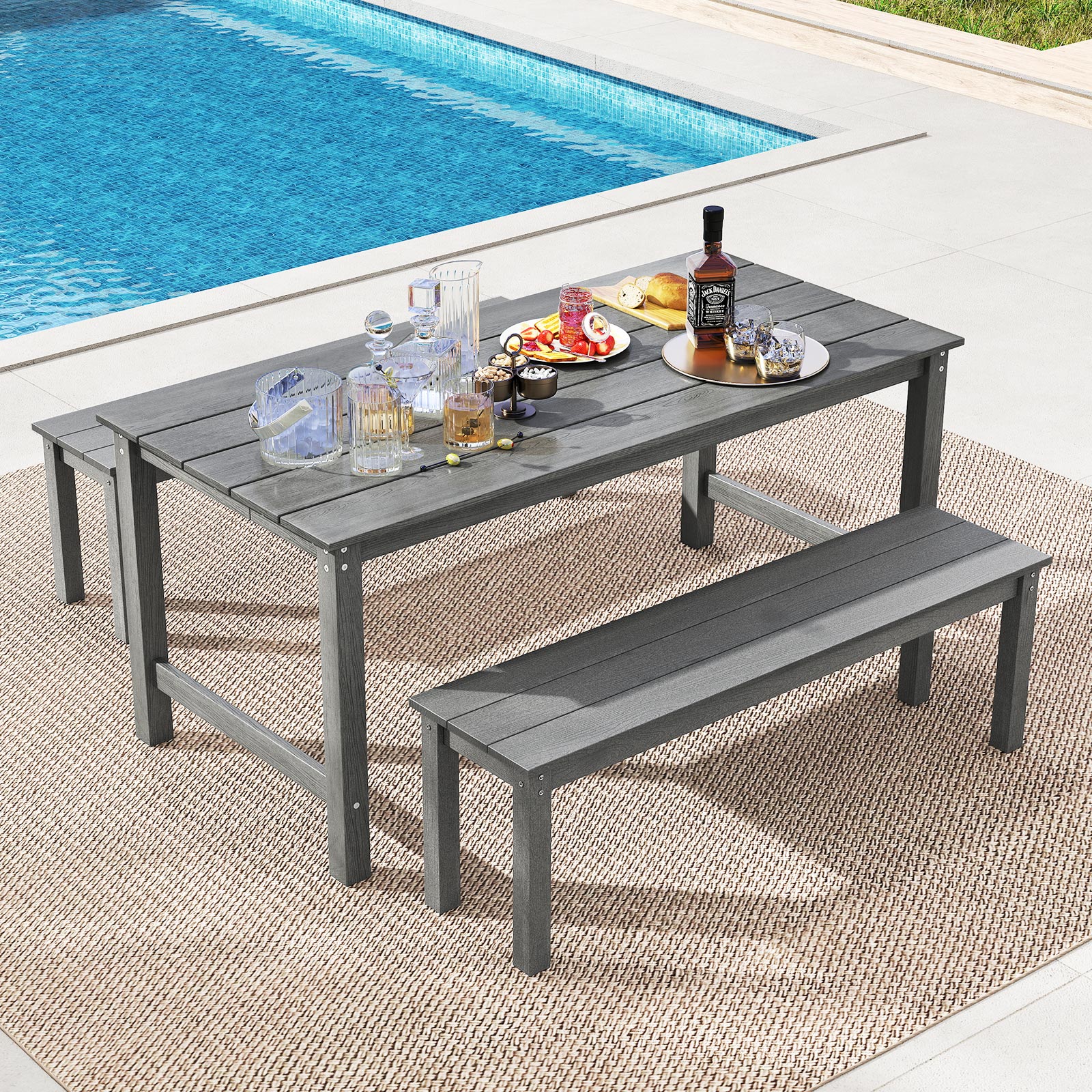 3 Pieces Outdoor Dining Table Set with 2 Benches-Black