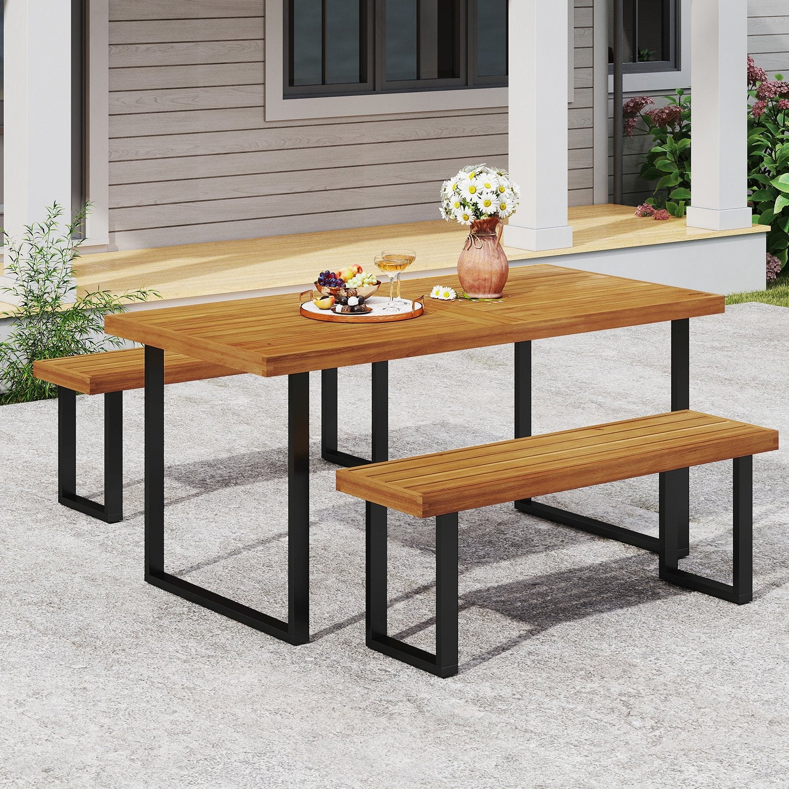 3 Pieces Patio Dining Table Set 63” Rectangle Table and 2 Backless Bench