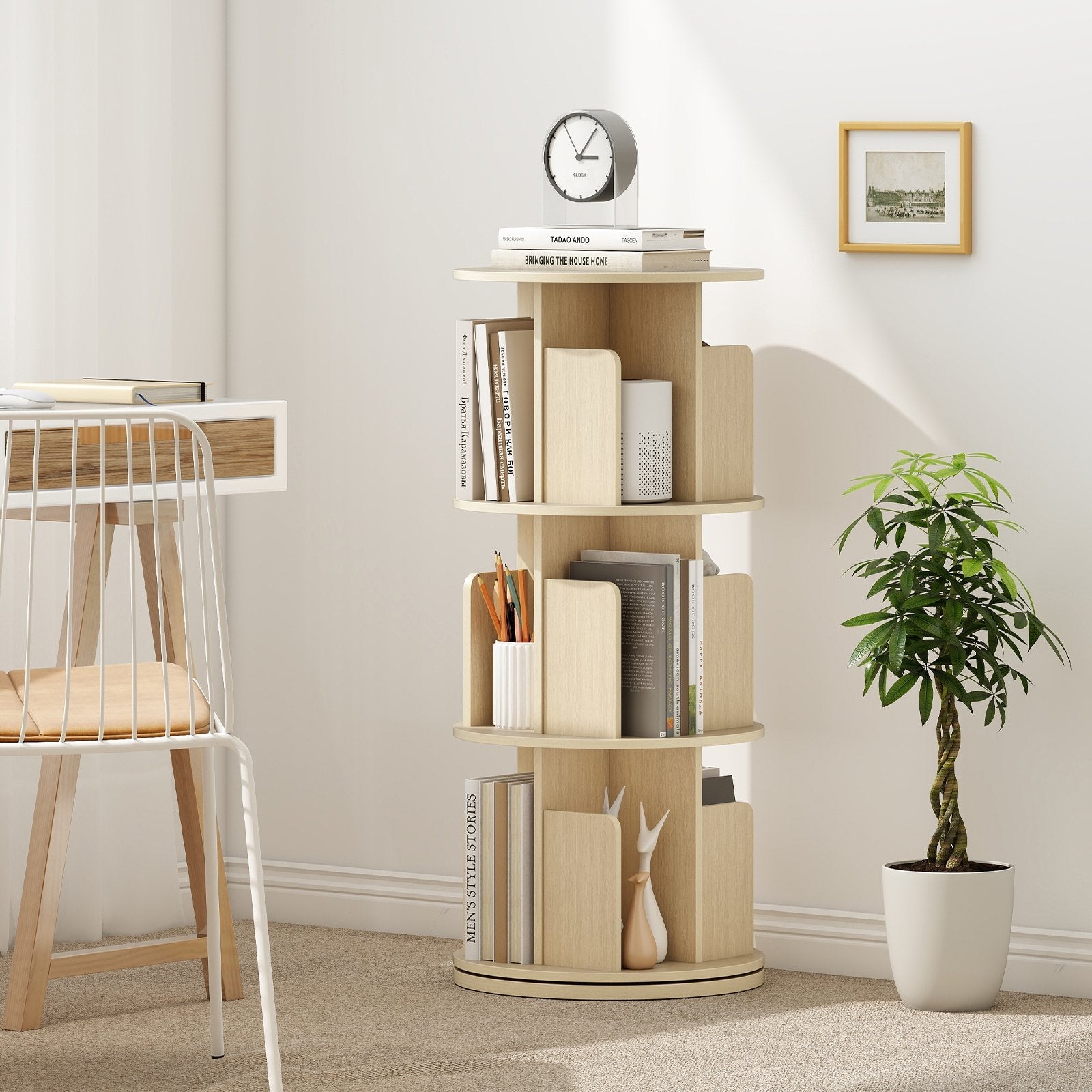 3-Tier Rotating Bookshelf with Dividers and Anti-falling Baffles-Natural