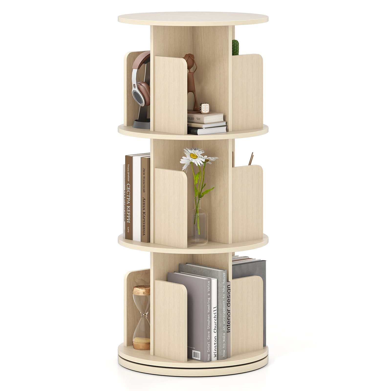 3-Tier Rotating Bookshelf with Dividers and Anti-falling Baffles-Natural