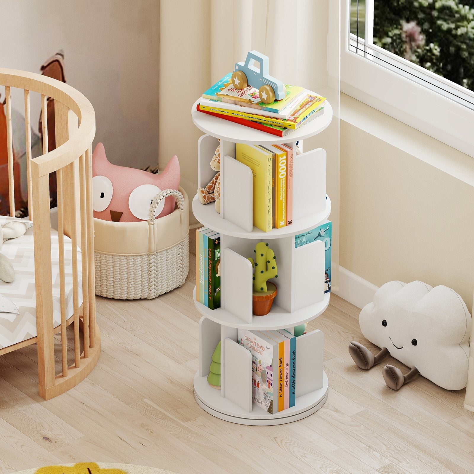 3-Tier Rotating Bookshelf with Dividers and Anti-falling Baffles-Natural